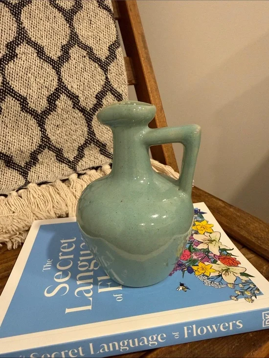 Vintage Studio Pottery Bud Vase Ewer Seafoam Green Ceramic Handled Pitcher