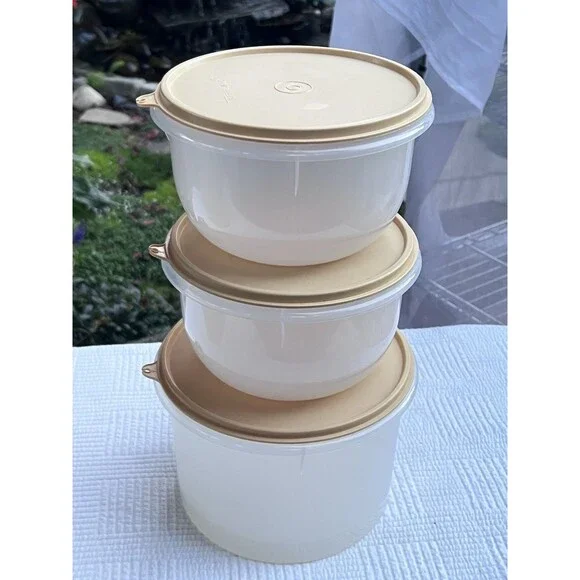 Vintage Tupperware 3 Pc Canister Set Almond Lids White Made in USA Storage