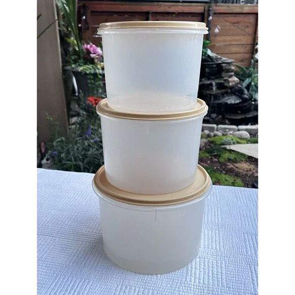 Vintage Tupperware 3 Pc Canister Set Almond Lids White Made in USA