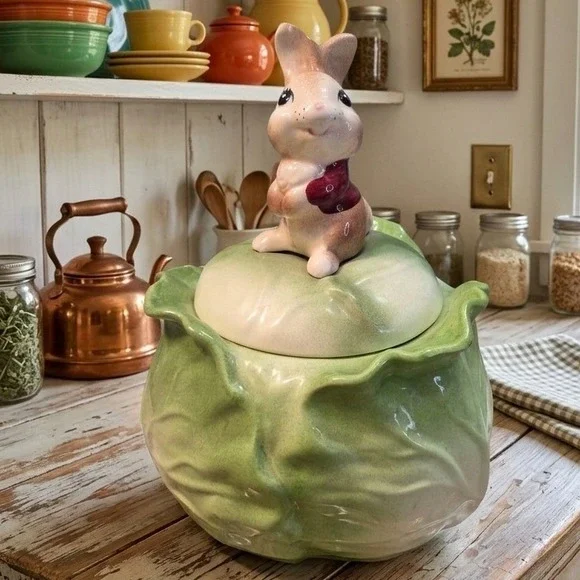 Vintage Metlox Poppytrail Cookie Jar Bunny Rabbit Lid Green Cream Cottagecore