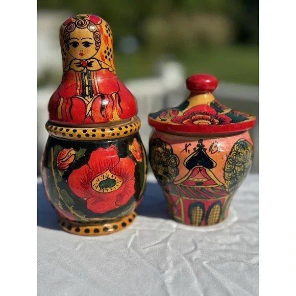 Soviet Russian Easter Wooden Spice Condiment Shaker Jar Set Matryoshka XB VTG