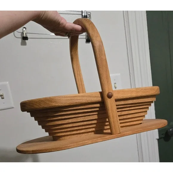 Vintage Folding Wooden Fruit Basket Collapsible Oak Wood Trivet Bread Board 15in