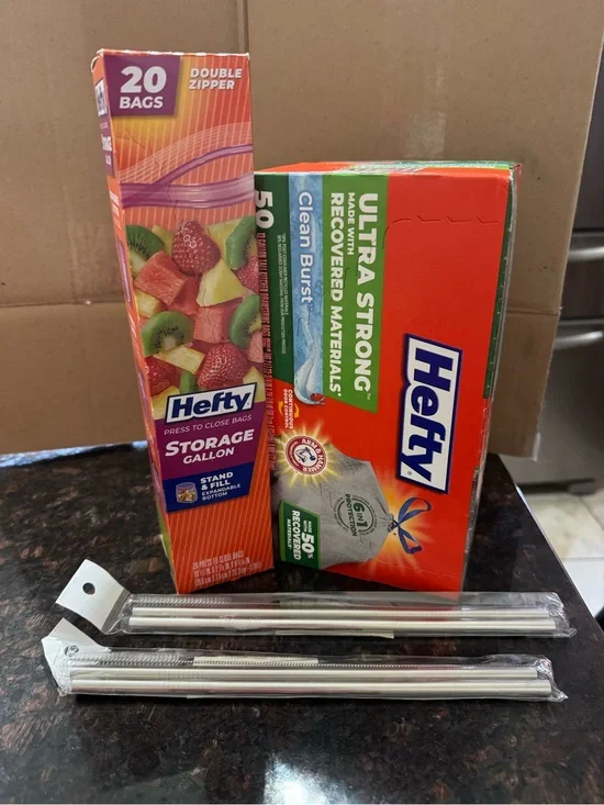 Hefty Storage Gallon & Ultra Strong Trash Bags Bundle and reusable straws kit