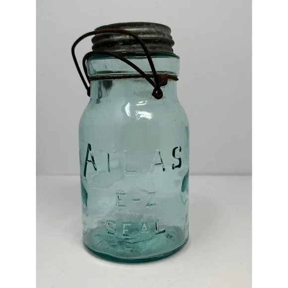 Vintage Atlas EZ Seal Aqua Blue Glass Mason Jar with Zinc Lid and Wire Bail A2