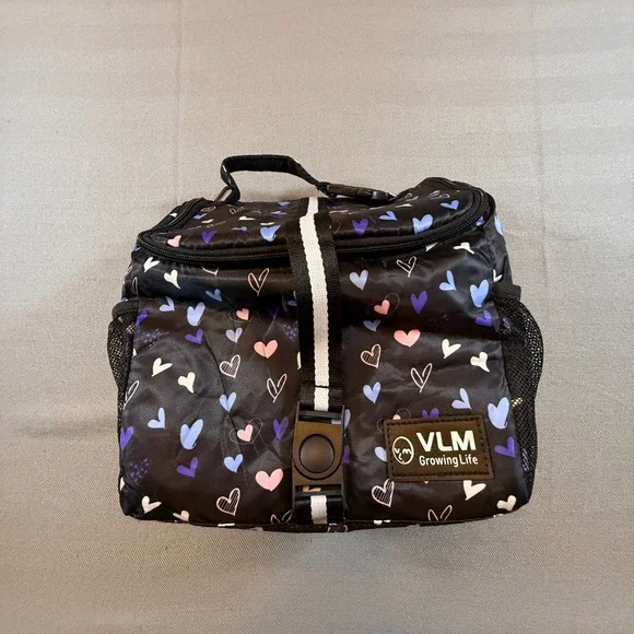 VLM Growing Life Insulated Lunch Bag Black Heart Print Buckle Closure Small