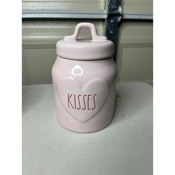 Rae Dunn KISSES Canister Pink Heart Ceramic Valentine Jar