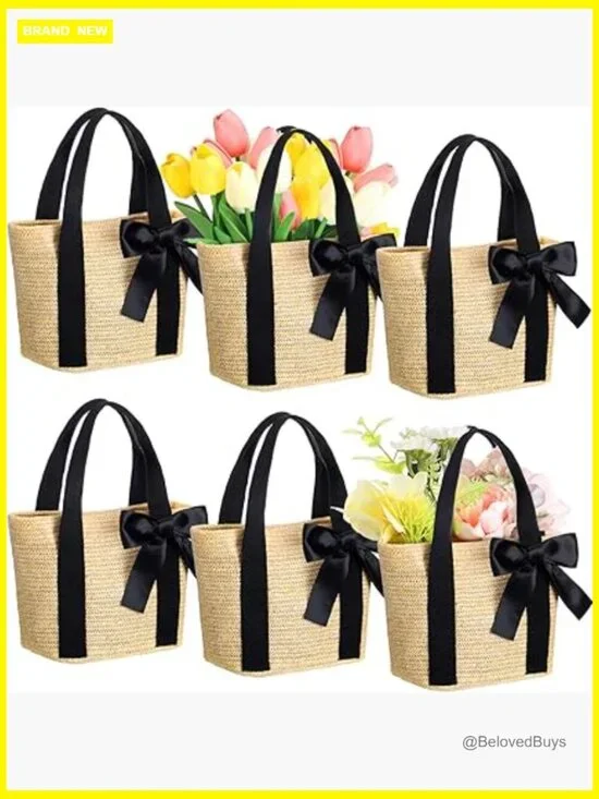Set of 6 Woven Tote Bags with Handles Reusable Beach Bags for Bachelorette Party