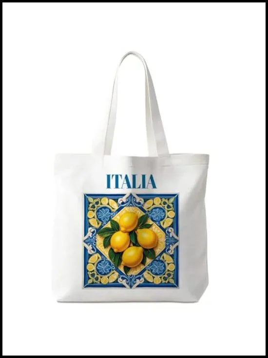 Canvas Reusable Grocery Tote Bag with Lemon Print