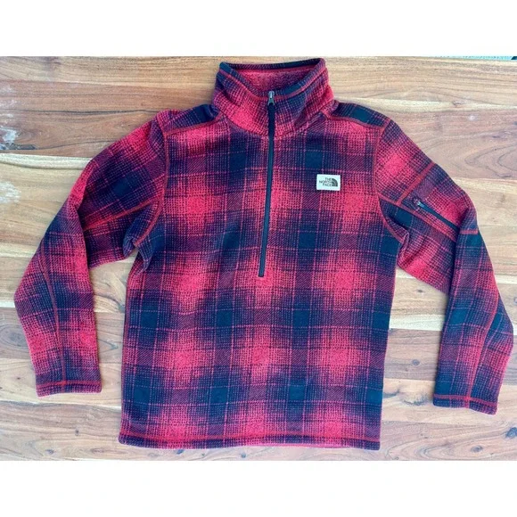 The North Face Mens Red Black Plaid Quarter Zip Fleece Pullover Jacket Size M