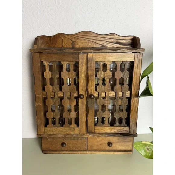 Vintage‎ Japan Wood Spice Cabinet Wall Rack Glass Jars Drawers Apothecary MCM