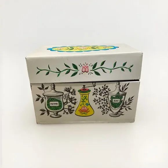 Vintage J. Chein & Co. Metal Recipe Box Tin Mid-Century Kitchen Herb Spice Litho