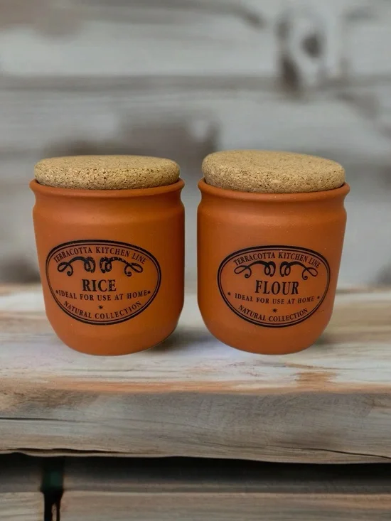 Terracotta Kitchen Line Rice & Flour Canister Set with Cork Lids - Rustic Orange