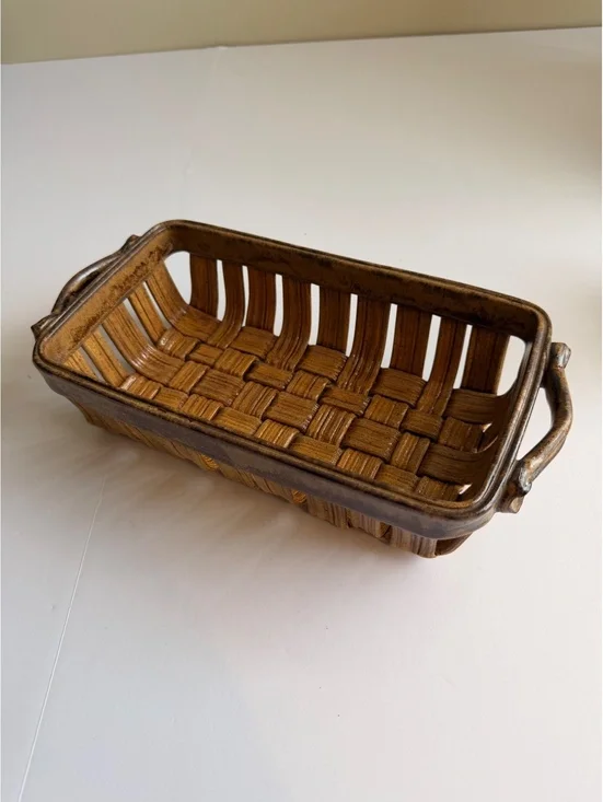 Vintage Ceramic Woven Bread Basket Pottery Rectangular Brown