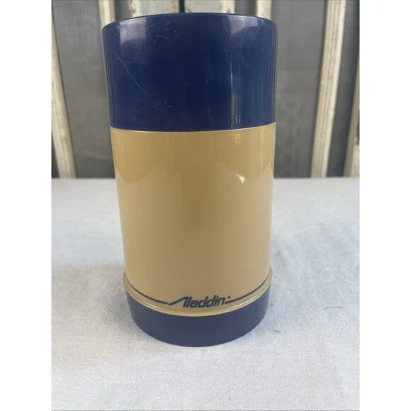 Aladdin Wide Mouth Thermos Vintage Blue & Tan 1 Pint Inner Safety Shield