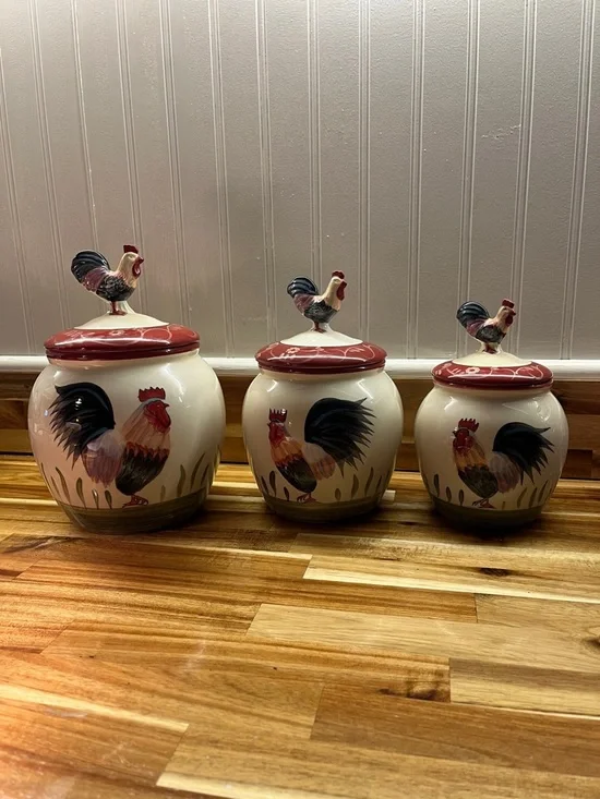 Home Interiors Cream Rooster Ceramic Canister Set with Red Lids