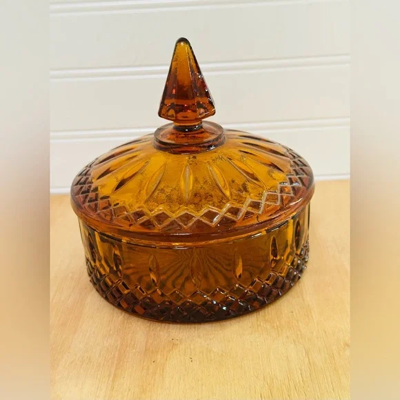 Indiana Glass Amber Pressed Glass Covered Candy Dish