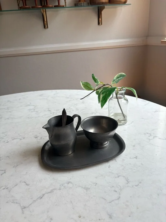 Vintage Pewter Creamer and Sugar Set with Tray and spoon