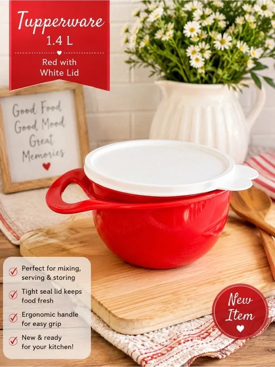 Tupperware Red Mixing Bowl with White Lid and Handle