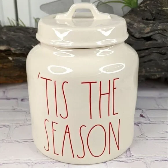 Rae Dunn TIS THE SEASON Ceramic Cookie Jar Canister with Red Lettering
