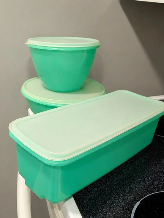 3 Pc. Vintage Tupperware jadeite-green refrigerator-storage set.
