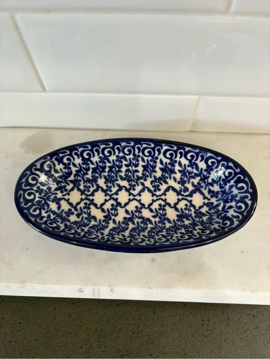 Ceramic Decorative Serving Dish - Blue and White Oval