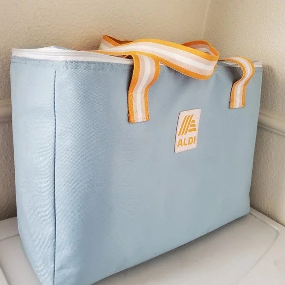 Aldi Insulated Cooler Tote Bag Light Blue Orange Striped Large Grocery Picnic