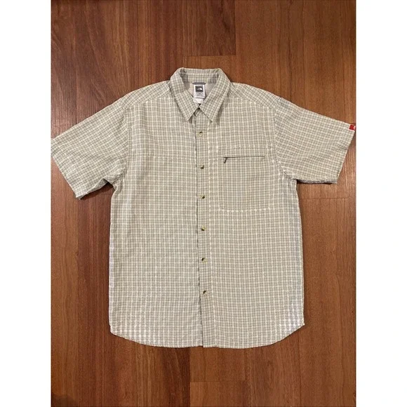 North Face Men's Med Short Sleeve Hiking Outdoor Shirt Green Plaid Poly Blend