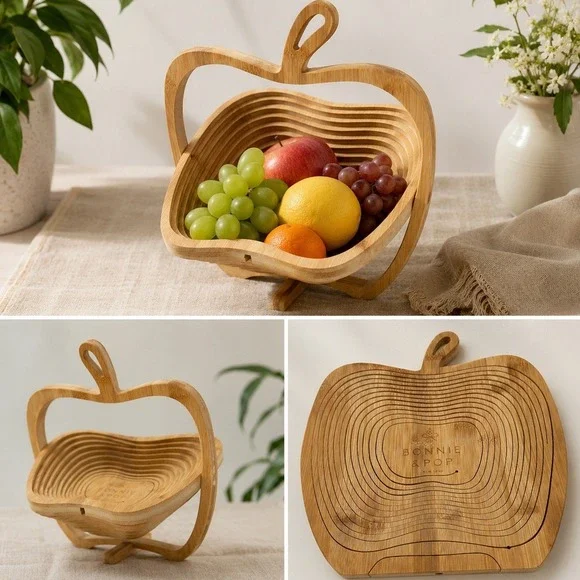 Bonnie & Pop Bamboo Apple Fruit Basket Collapsible Wood Trivet Kitchen Decor