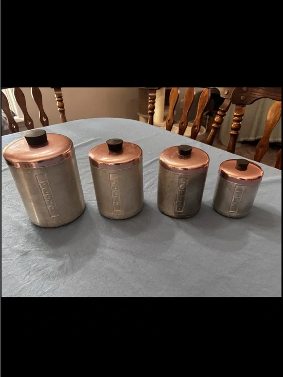 Vintage Metal Canister Set with Copper Lids - 4 Piece