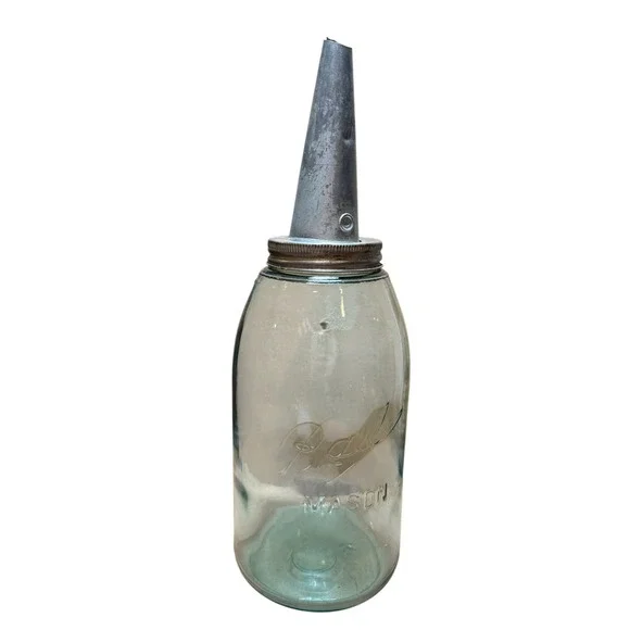 Ball Mason Jar Oil Dispenser Vintage Blue Glass Metal Spout Good Primitive Decor