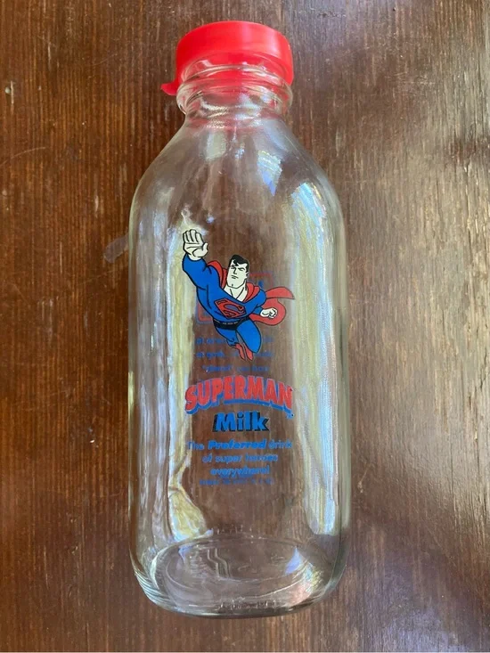 Superman Glass Milk Bottle Vintage 1998 DC Comics Kitchenware