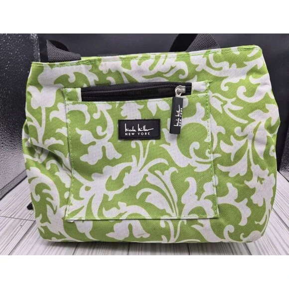 Nicole Miller Insulated Canvas Lunch Bag Green Damask Print Zippered Cooler Tote