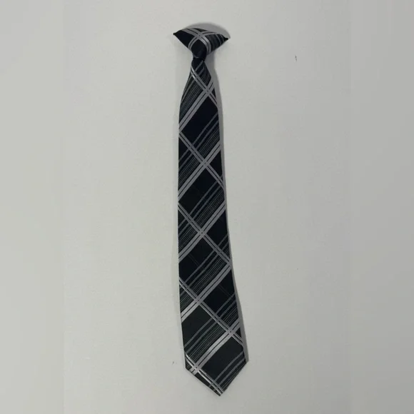 Boys Striped Clip On Tie Necktie Black Gray Plaid 17” Long