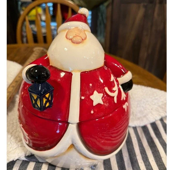 Santa Claus Ceramic Cookie Jar Christmas Holiday Lantern Star Moon Red White