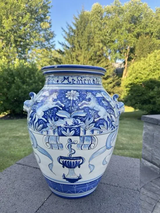 VTG Italian Majolica Blue & White Apothecary Jar Urn Unicorn Medicinali 18.5”