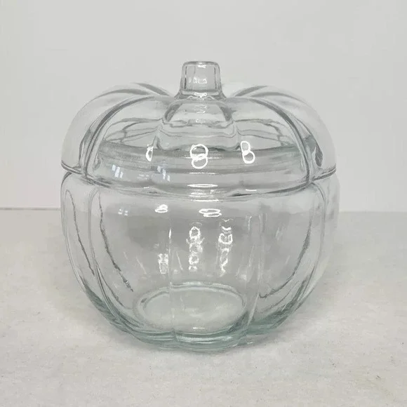 Clear Glass Pumpkin Shape Jar With Lid Candy Dish Trinket Bowl Autumn Fall Decor