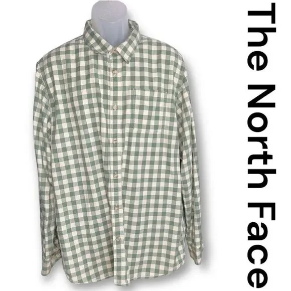 The North Face Green & White Plaid Checked Button Down Shirt Sz XXL 100% Cotton