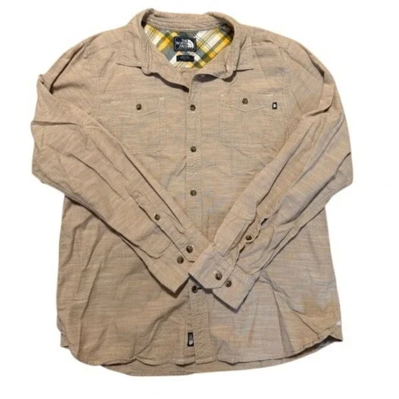 The‎ North Face Mens Tan Khaki Slub Cotton Button Down Shirt Long Sleeve Large