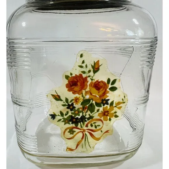 Vtg Square Glass‎ Jar Canister #5223 Floral Decal Metal Lid Pink roses ribbon