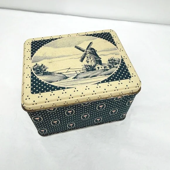 Vintage Windmill Tin Trinket Box Polka Dot Floral Storage Decor Cottage Kitsch