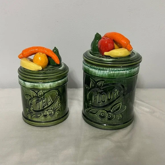 Vintage Fruit Lid Ceramic Canister Avacado Green‎ Tea Flour Jars Good Retro MCM