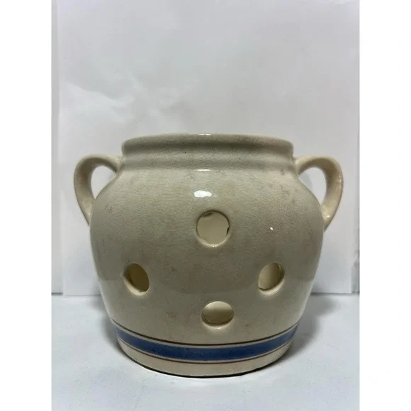 Vintage Lillian Vernon Garlic Keeper Crock Beige with Blue and Burgundy Stripes