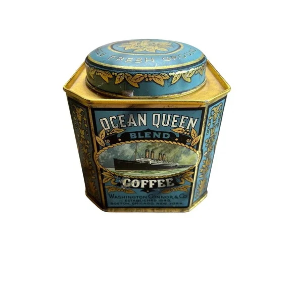 Vintage Ocean Queen Blend Coffee Tin Daher Long Island NY HexagonalSteamshipBlue