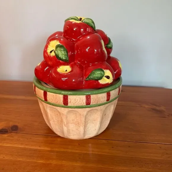 Vintage Big Apple Basket Ceramic Cookie Jar 3D Red Fruit Figural Canister READ