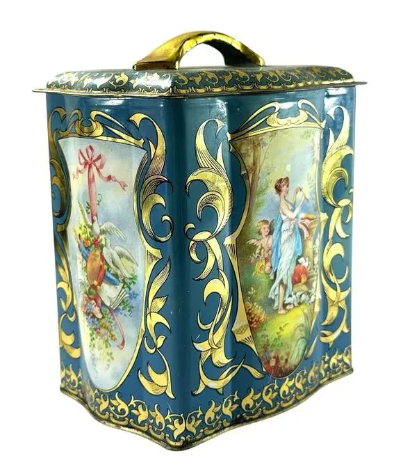 Vintage Ciftea Tea Tin Made in England Blue Gold Victorian Scenes Canister w/Lid