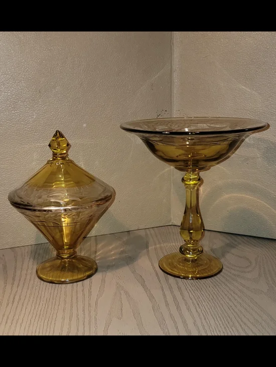 Amber Glass Compote and Lidded And Pedestal Candy Dishes  Set 6x7.5 And 7x8