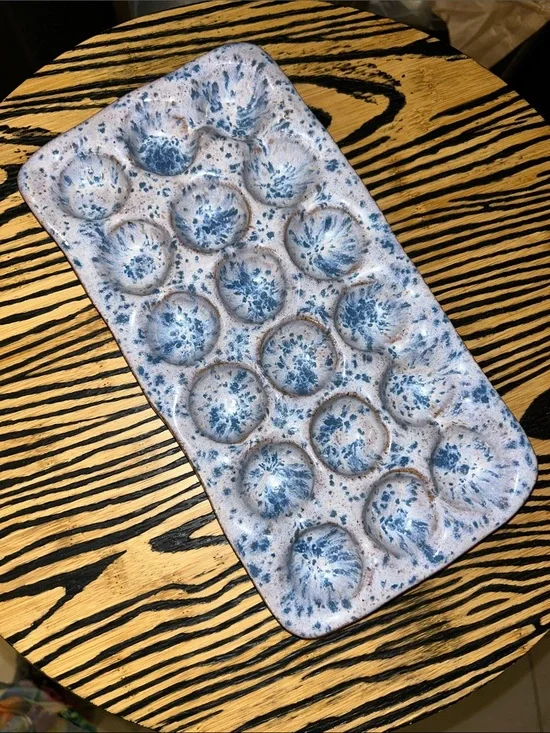 RARE!! Speckled Blue Ceramic EGG, ring, earrings trinket holder Tray