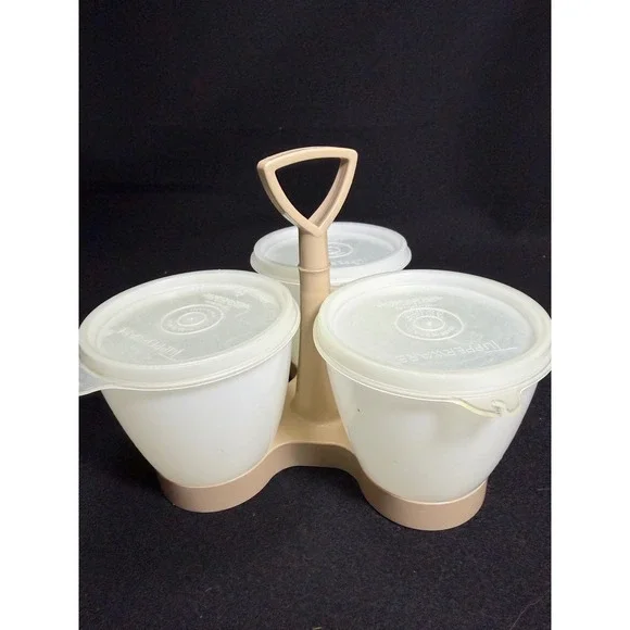Vintage Tupperware Condiment Caddy Set 3 Bowls Lids Handle Almond Sheer‎ 732 733
