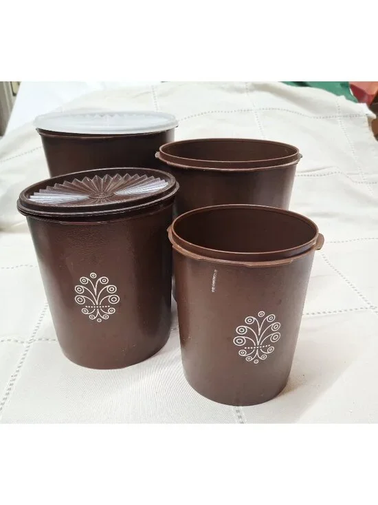 Vintage Brown Tupperware Storage Containers With Lids Set Of 4 Floral Pattern Du
