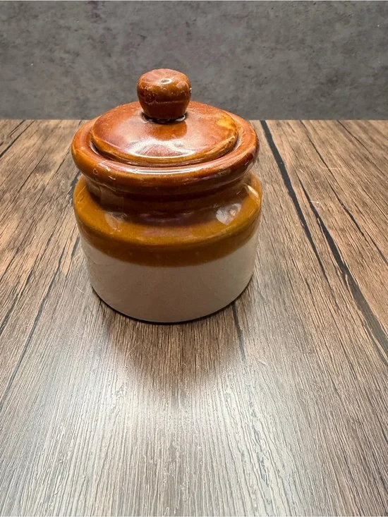 Vintage Stoneware Covered Jar in Brown and Cream